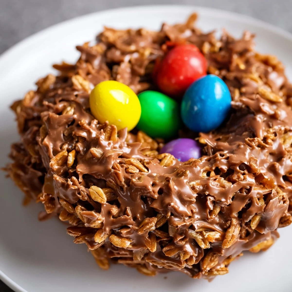 A close-up of Chocolate Easter Egg Nests filled with mini candy eggs on a pastel plate.
