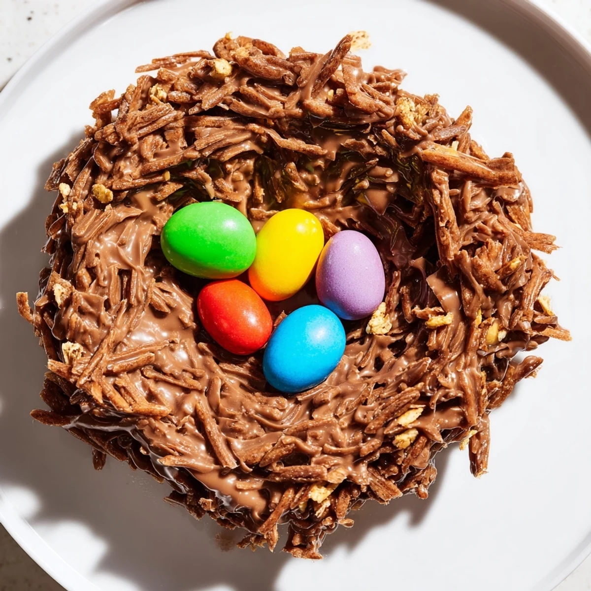 These Chocolate Easter Egg Nests sit on a marble counter, ready for an Easter brunch or party.