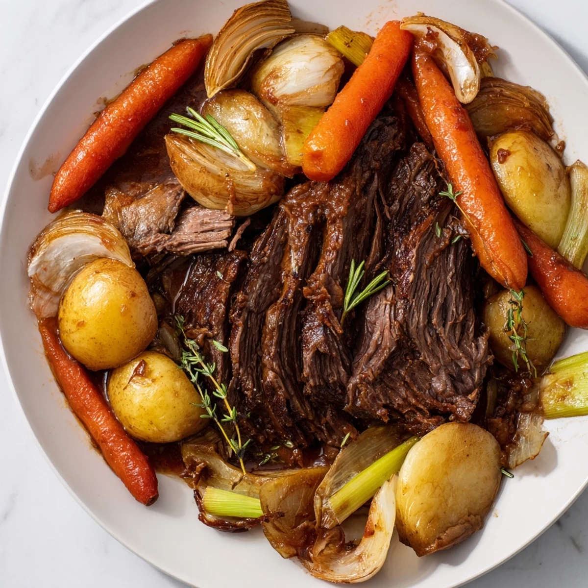 Steaming Slow Cooker Beef Pot Roast with tender carrots and potatoes in a savory herb broth.