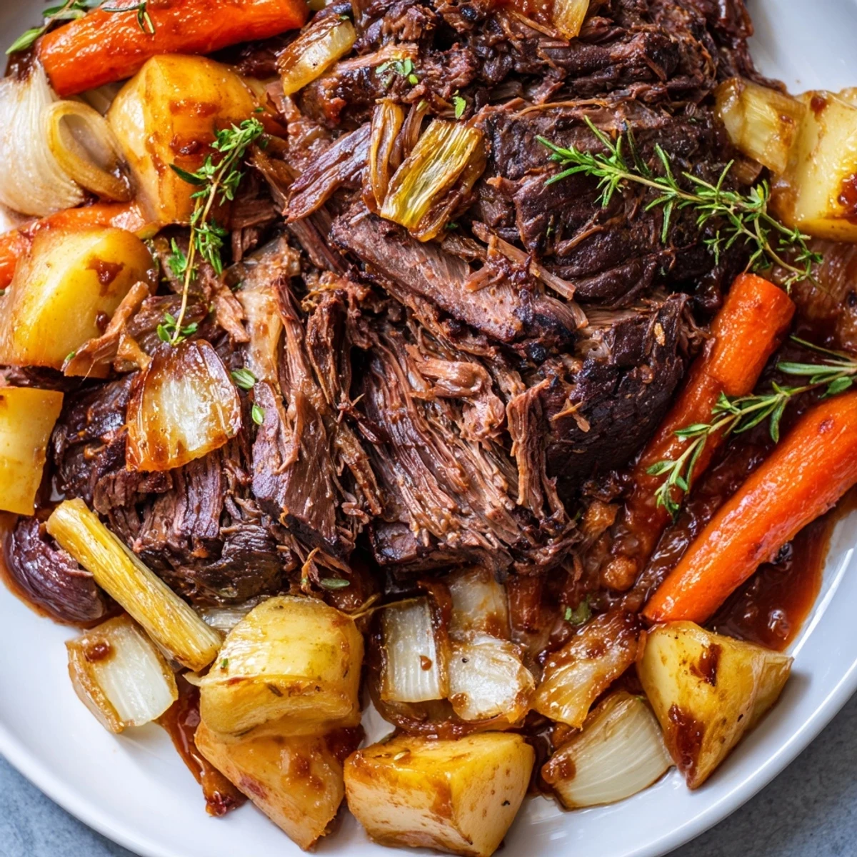 Slow Cooker Beef Pot Roast surrounded by golden root vegetables in a rich, aromatic gravy.