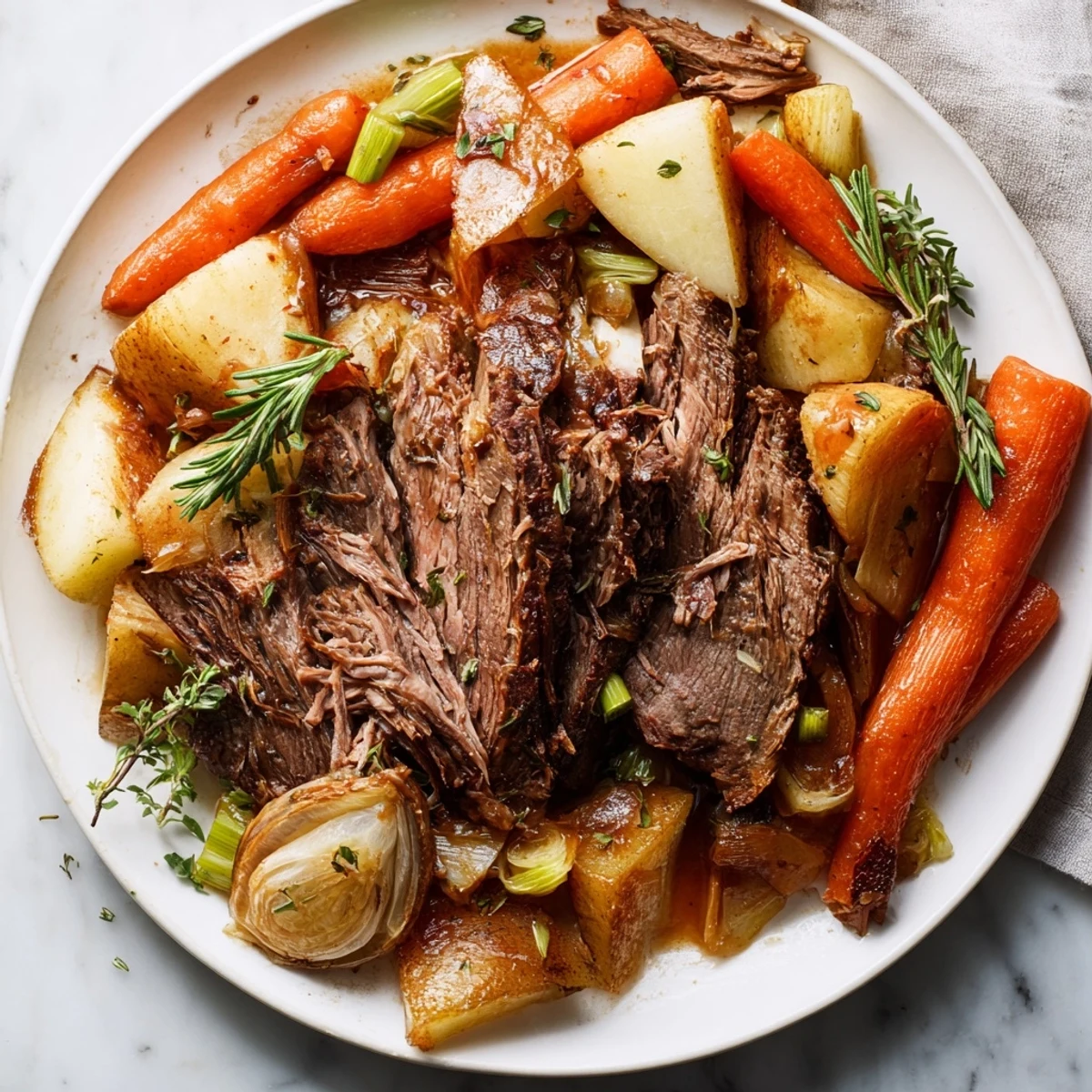 Fork-tender Slow Cooker Beef Pot Roast served with parsnips and onions for a hearty family dinner.