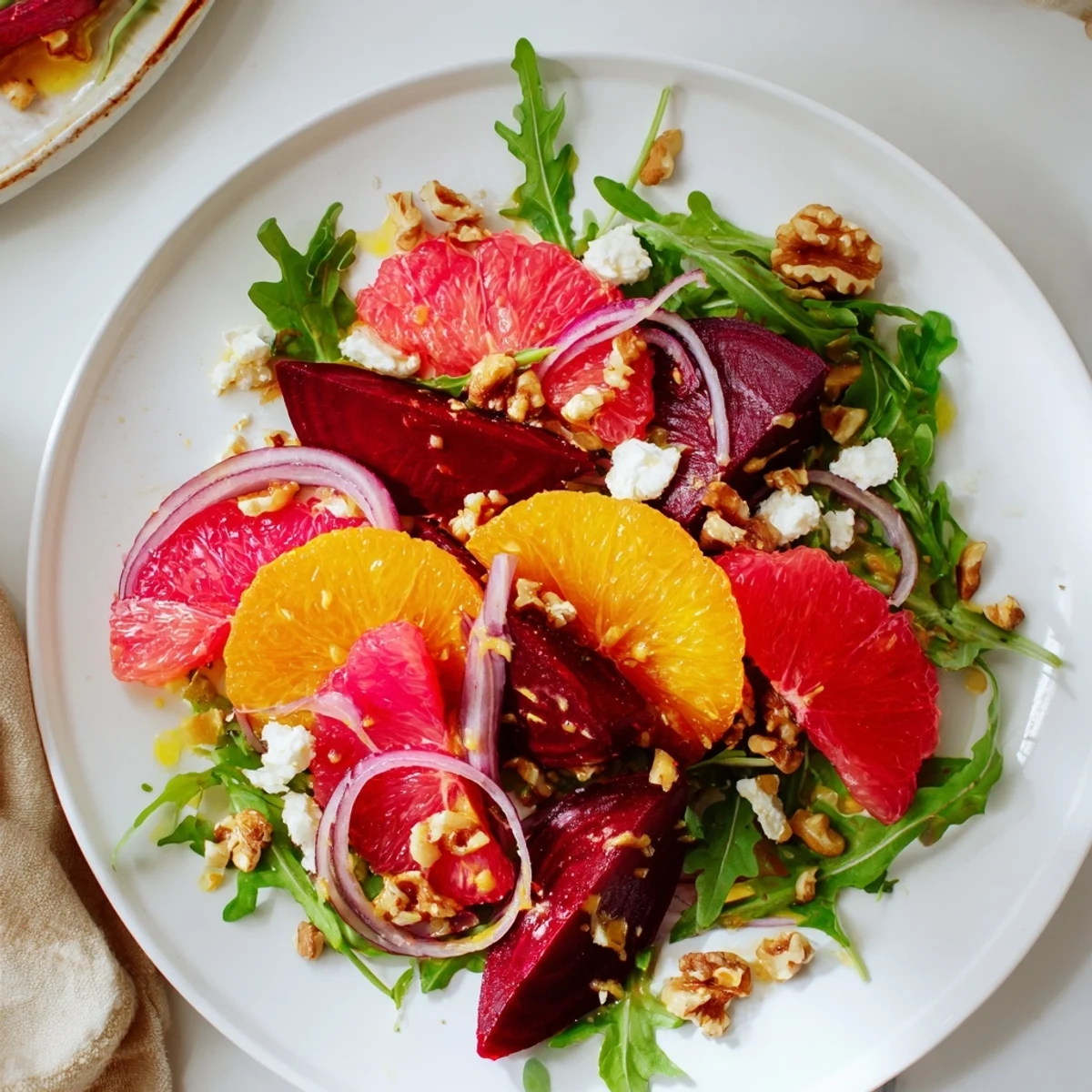 A close-up of Roasted Beet and Citrus Salad shows crumbled goat cheese and chopped walnuts sprinkled over fresh arugula leaves and tangy vinaigrette.