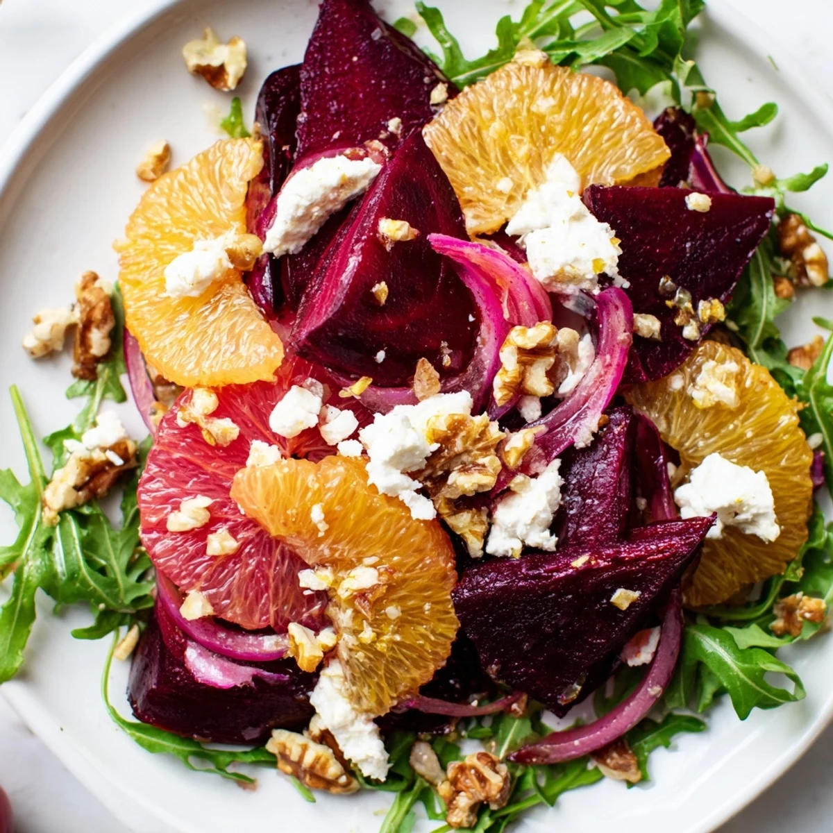 Brightly colored Roasted Beet and Citrus Salad on a white platter features golden beet wedges, ruby red grapefruit segments, and vibrant orange slices.
