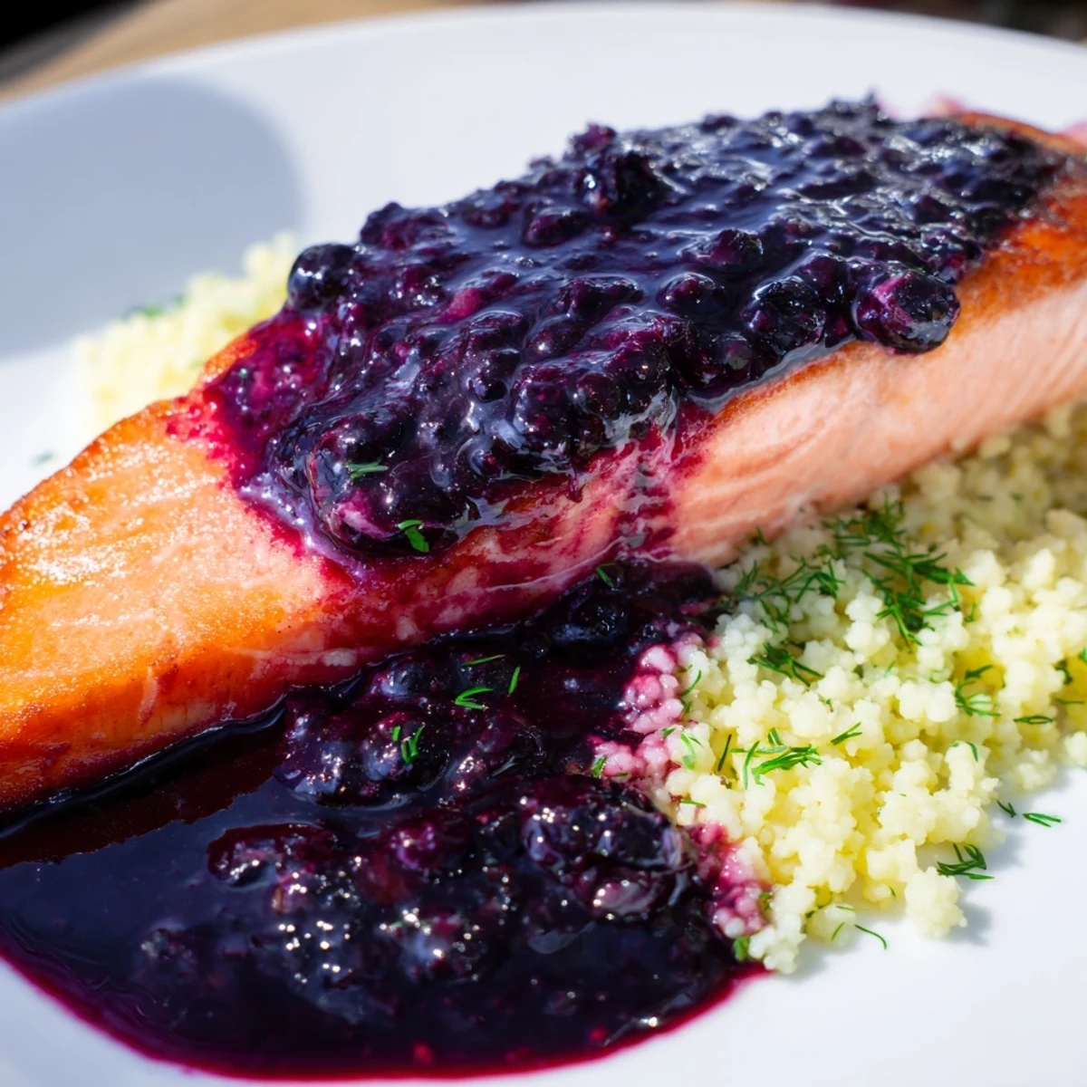 A close-up of Blueberry Glazed Salmon with Lemon Herb Couscous, showing flaky fish with a glossy purple-red sauce beside fluffy grains and fresh herbs.