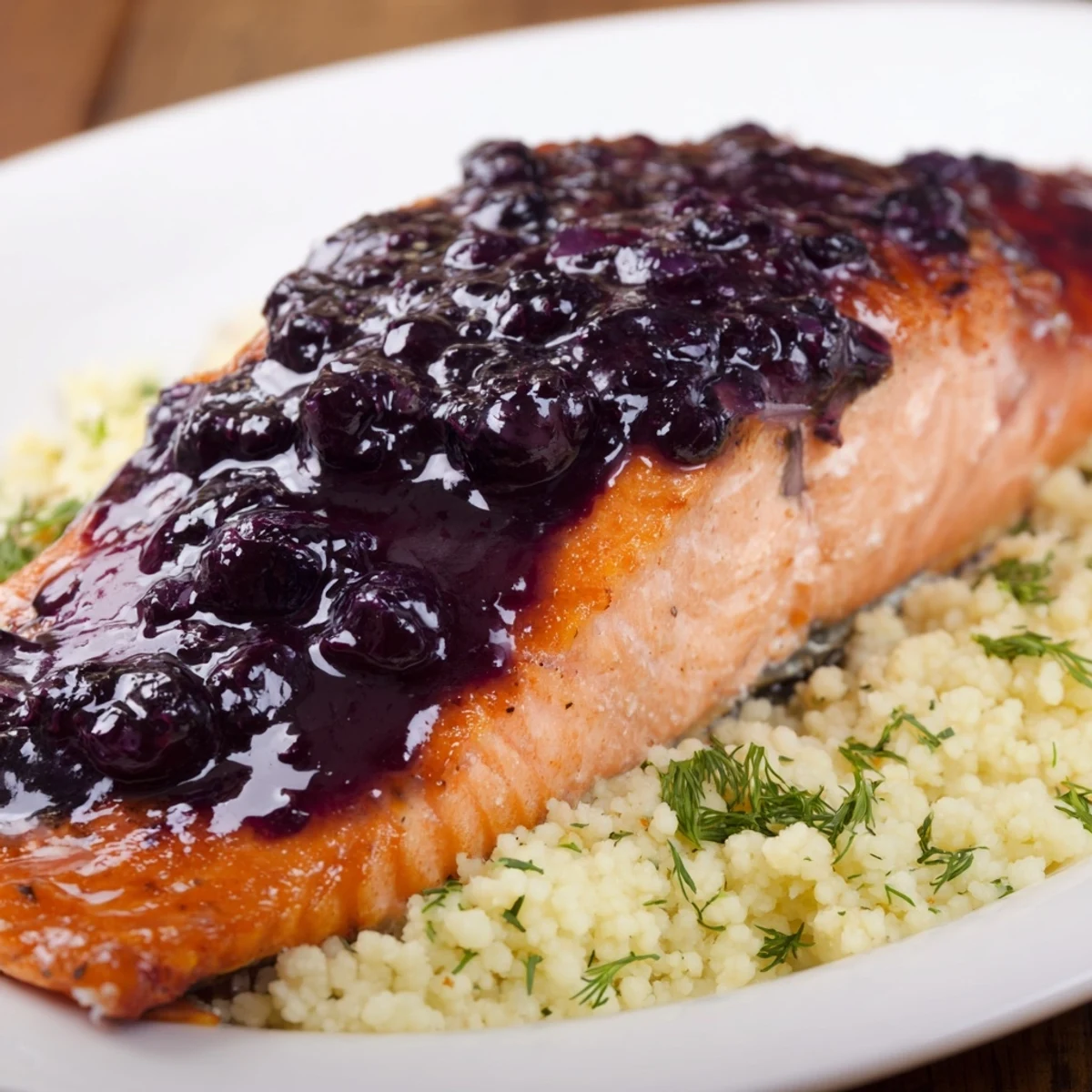 The dish features Blueberry Glazed Salmon with Lemon Herb Couscous, arranged neatly with a lemon wedge and chopped parsley for a fresh, inviting look.