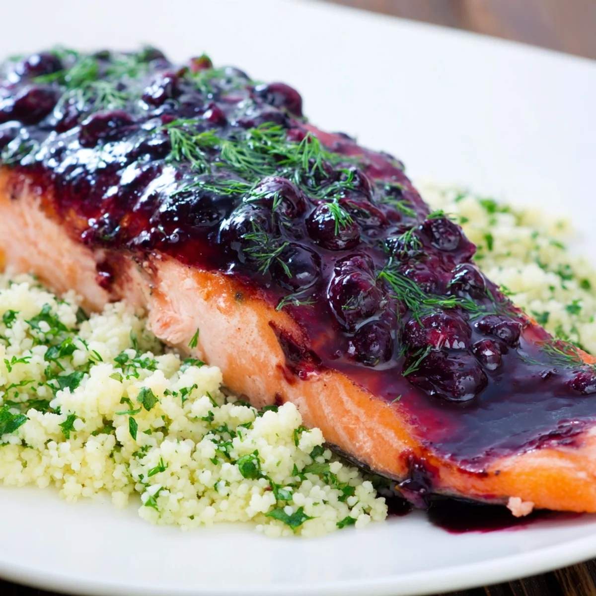Overhead view of Blueberry Glazed Salmon with Lemon Herb Couscous on a white plate, highlighting the vibrant berry glaze and herb-flecked couscous texture.