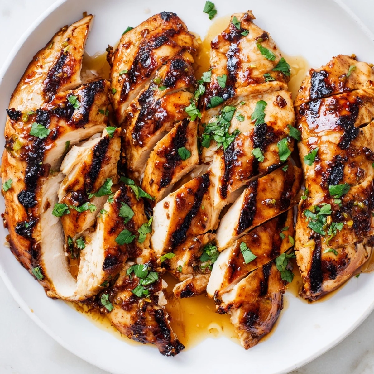 Tender grilled Spicy Honey Lime Chicken breasts resting on a wooden board, glistening with sweet and tangy honey lime glaze.