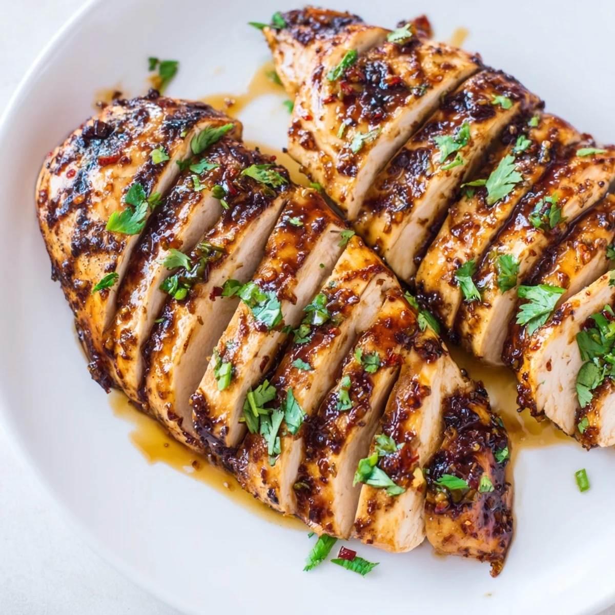 Plated Spicy Honey Lime Chicken topped with chopped cilantro, served beside fluffy rice and a crisp green salad for dinner.