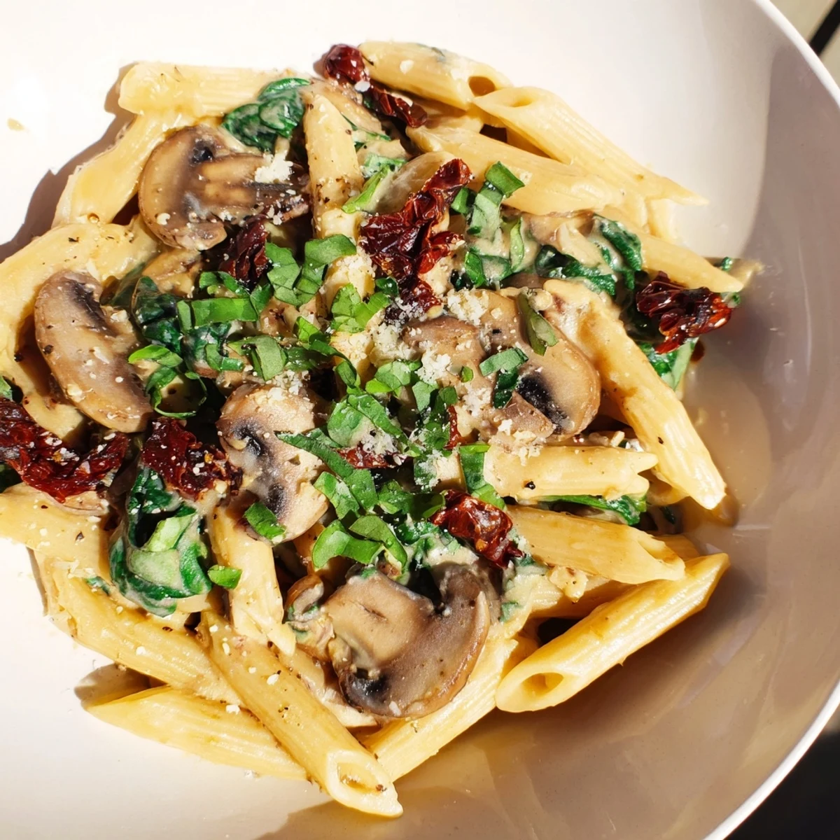 Creamy Tuscan Mushroom Pasta Skillet with sautéed mushrooms and wilted spinach in a rich Parmesan sauce, served in a warm skillet.