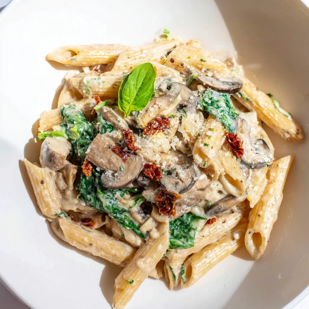 Hearty Creamy Tuscan Mushroom Pasta Skillet plated with crusty bread, perfect for a comforting vegetarian dinner for four.