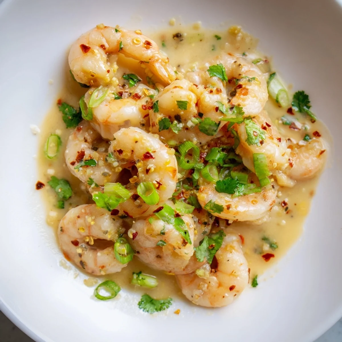 Serving suggestion for Garlic Shrimp in Coconut Milk over fluffy white rice with lime wedges.