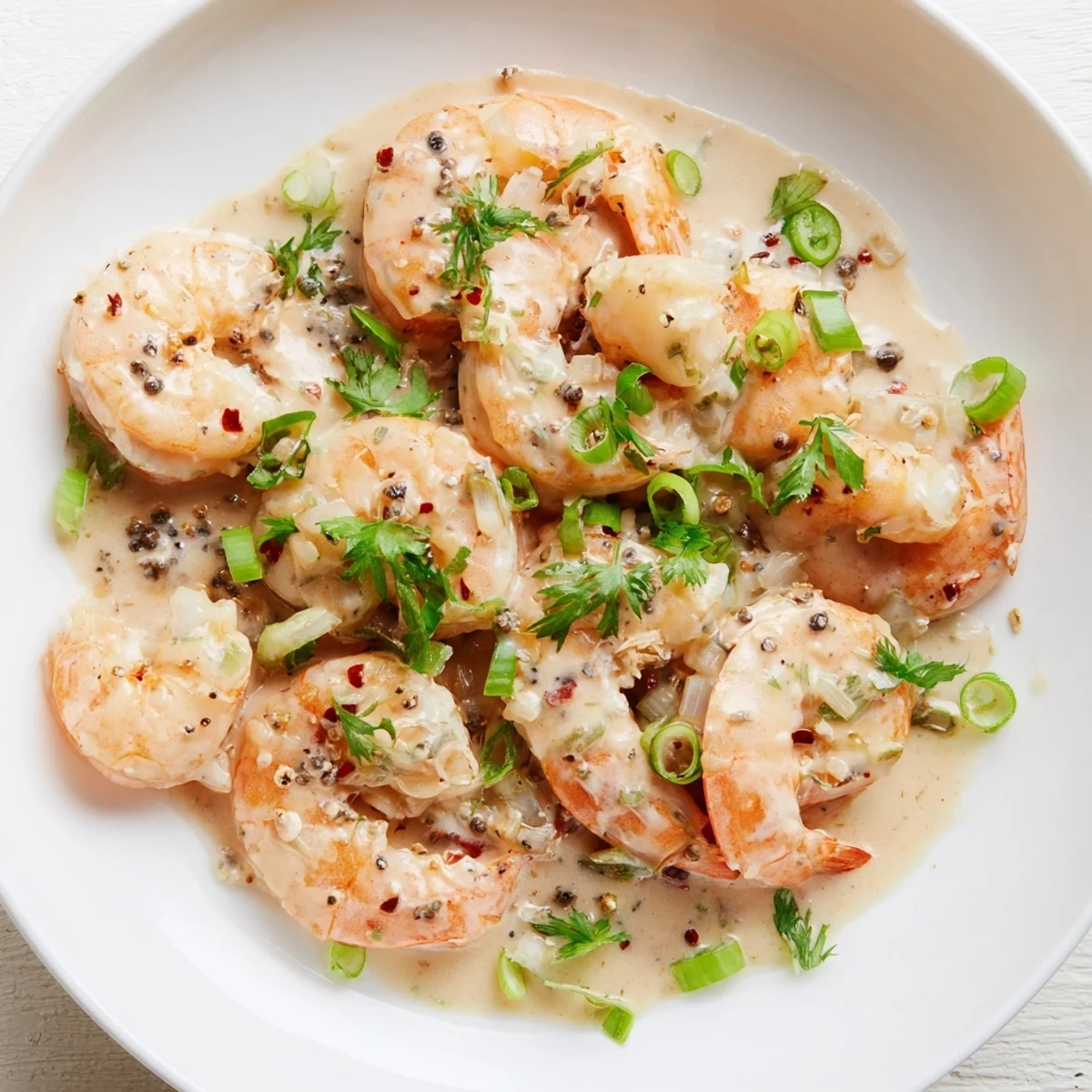 A close-up of vibrant red bell pepper and fresh herbs in the rich Garlic Shrimp in Coconut Milk.