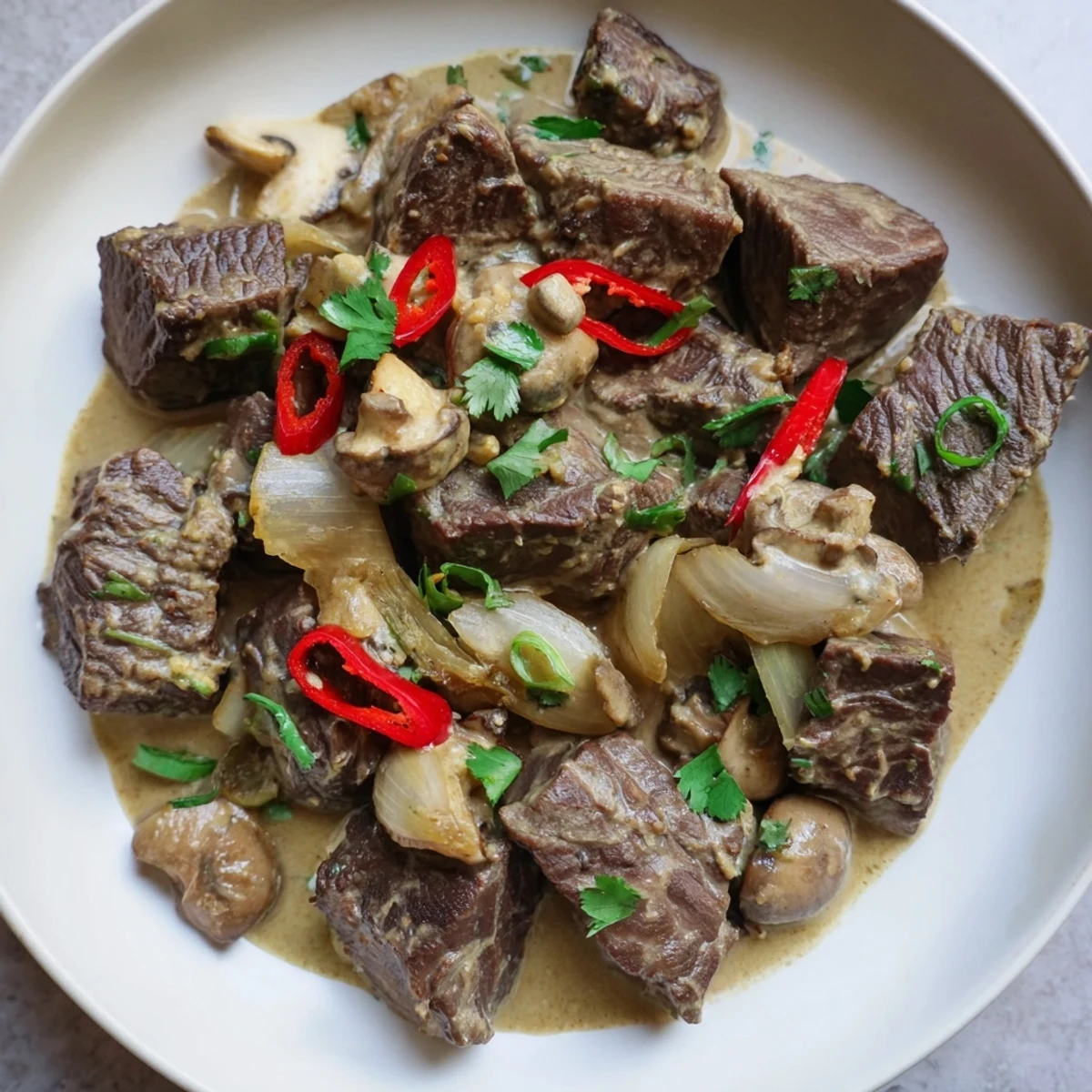 Fragrant lemongrass coconut braised beef with mushrooms steams next to jasmine rice.