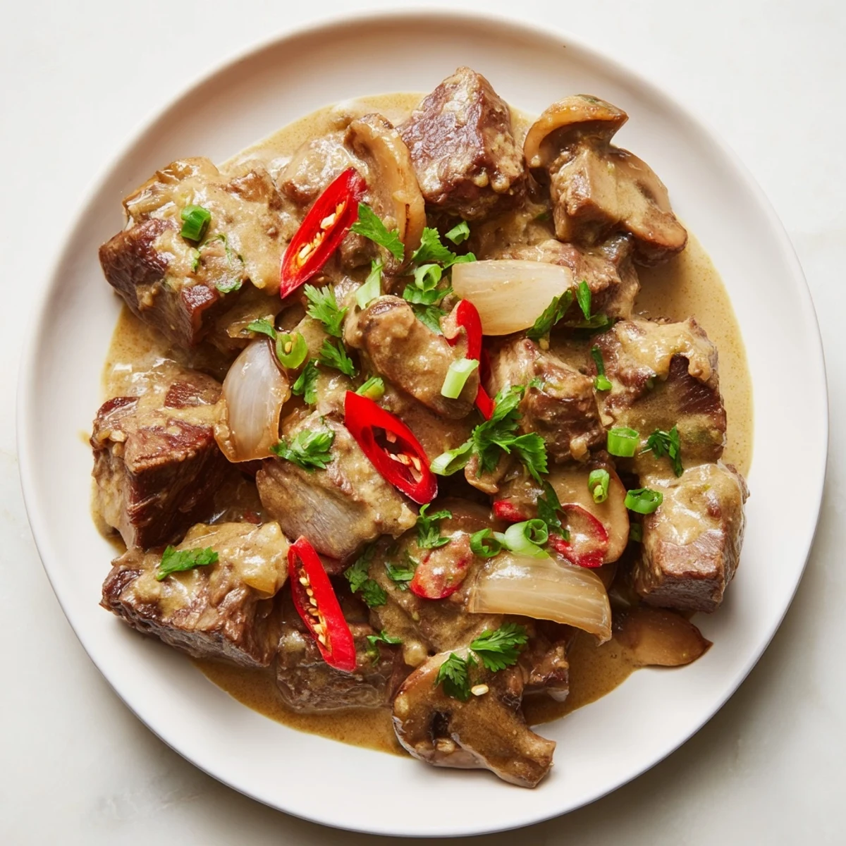 Tender beef chunks glisten in creamy coconut milk sauce, with carrots.