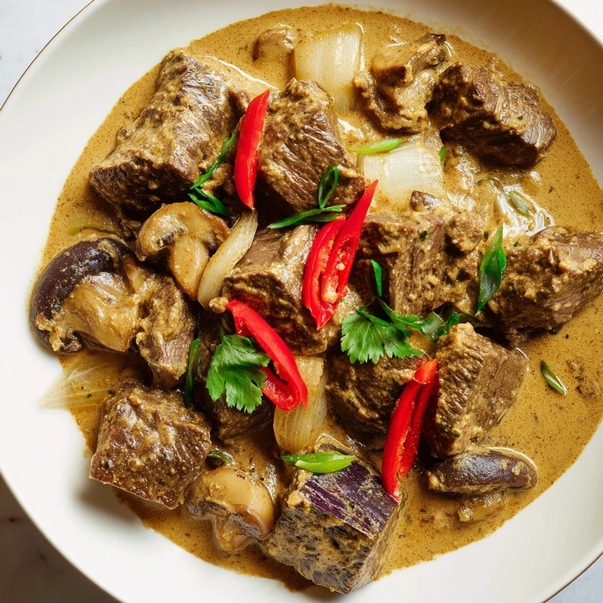 Aromatic lemongrass coconut braised beef with mushrooms served in a rustic bowl.
