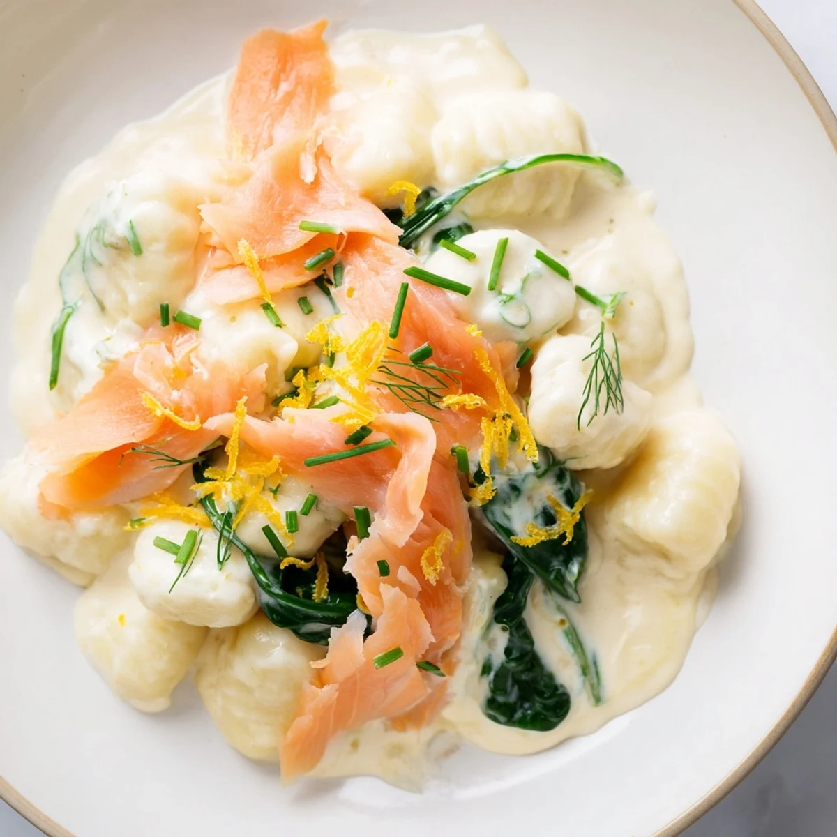 Healthy Smoked Salmon Gnocchi served steaming in a skillet, garnished with chives and a swirl of light sauce.