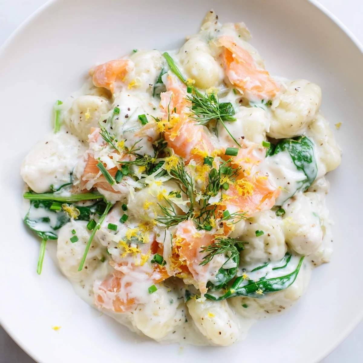 Creamy Healthy Smoked Salmon Gnocchi tossed with wilted spinach, fresh dill, and lemon wedges on a white plate.