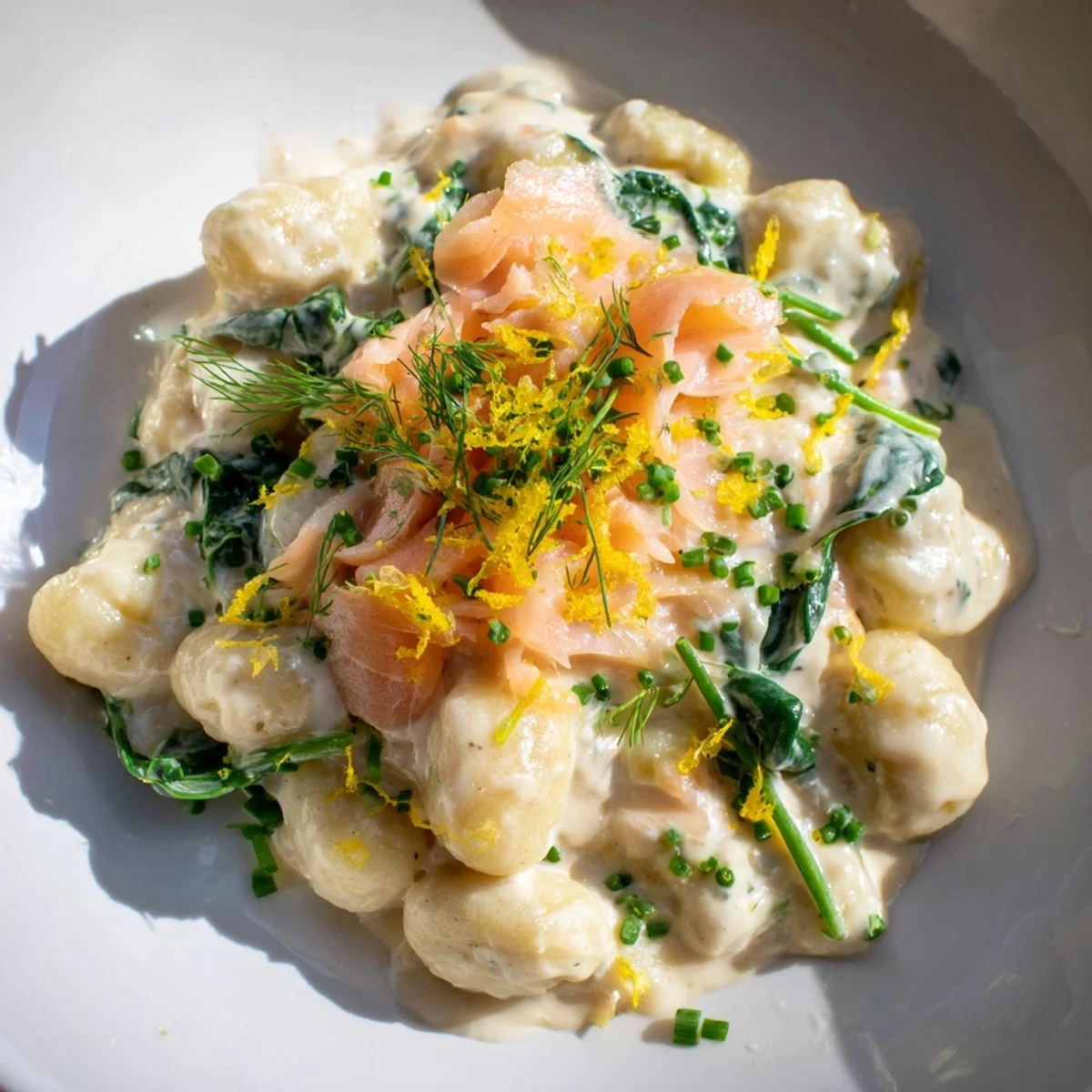 A close-up of Healthy Smoked Salmon Gnocchi, featuring silky salmon strips and vibrant greens on pillowy potato dumplings.
