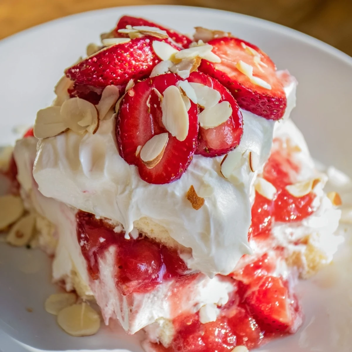 A trifle dish showcases layered Heaven on Earth Cake with angel food cake, vanilla pudding, and strawberries.