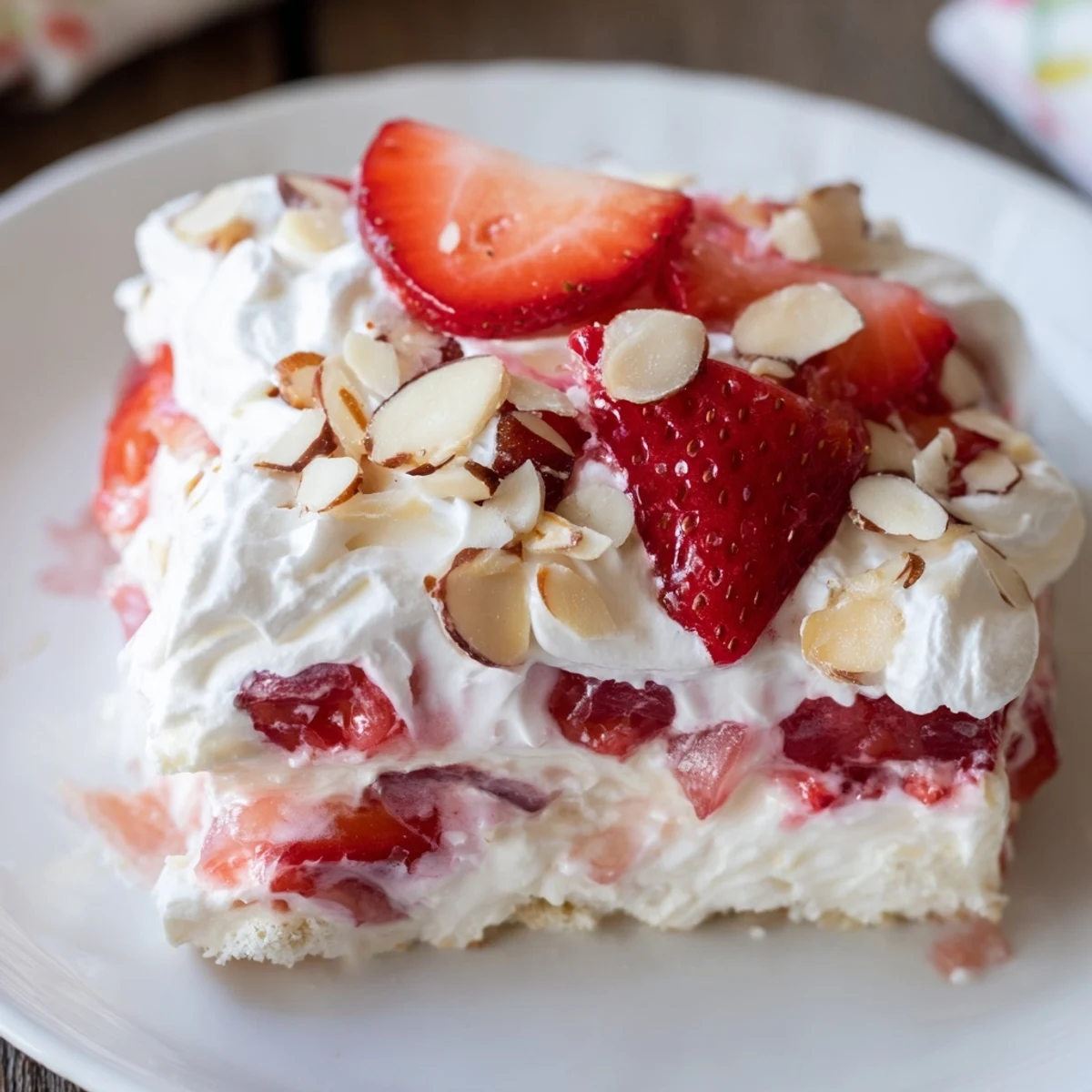 Slices of chilled Heaven on Earth Cake reveal creamy vanilla layers and ruby strawberry filling for summer.