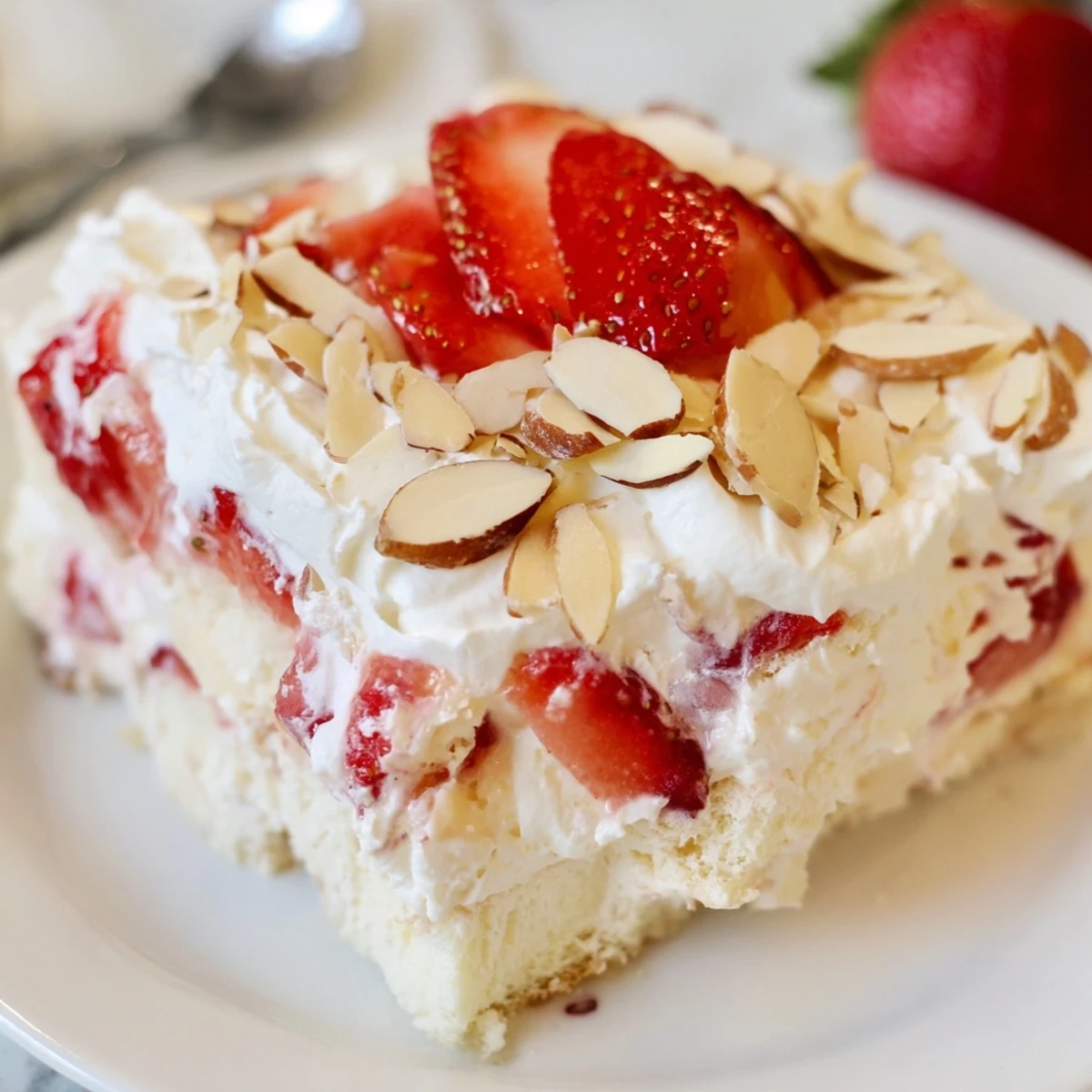 Serve Heaven on Earth Cake topped with sliced almonds and fresh strawberries at a sunny gathering.