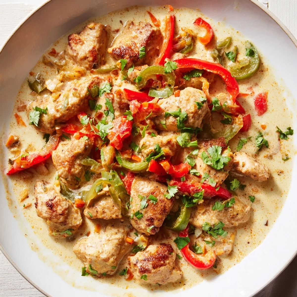 A close-up of Brazilian Coconut Chicken shows tender chicken thighs coated in a creamy, aromatic sauce with diced tomatoes and fresh cilantro garnish.