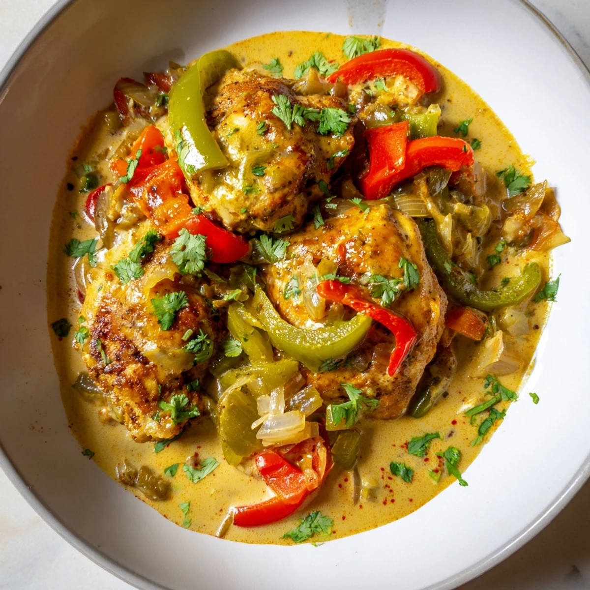 Golden-brown chicken pieces simmer in a rich coconut milk sauce with vibrant red and green bell peppers in this Brazilian Coconut Chicken recipe, served steaming hot.