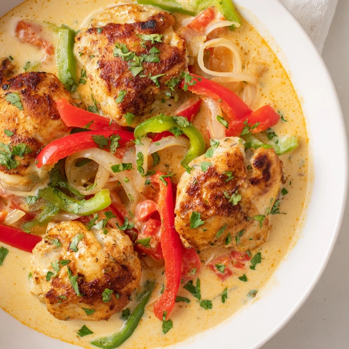 Sizzling Brazilian Coconut Chicken in a skillet, featuring tender chicken and colorful peppers in a thick, fragrant sauce, ready to be served over fluffy white rice.