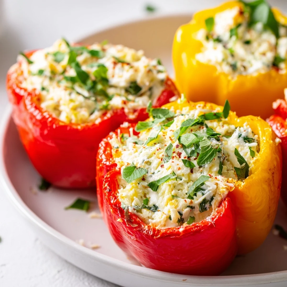 Golden baked Ricotta Stuffed Peppers topped with melted mozzarella and fresh basil on a wooden board.