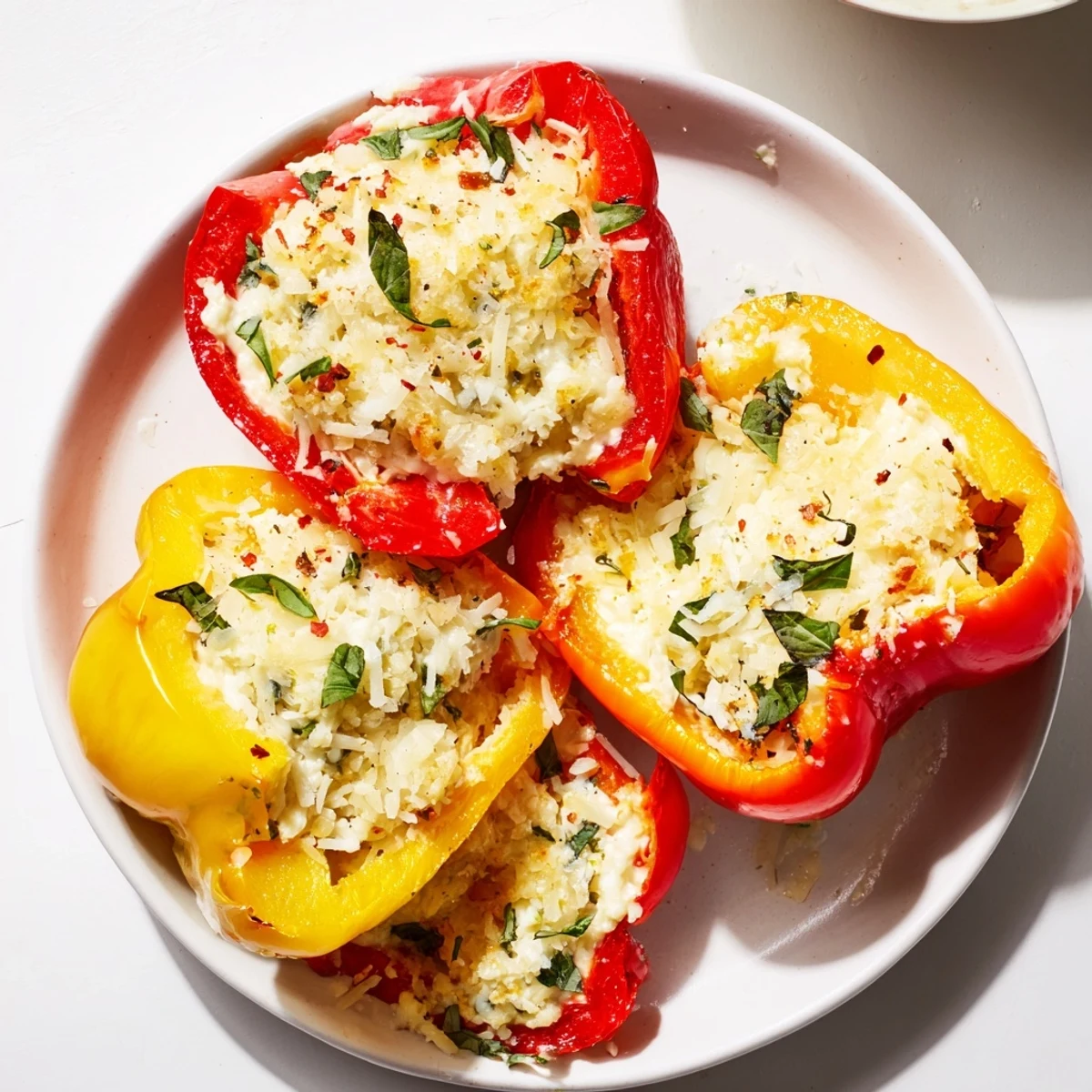 A close-up of Ricotta Stuffed Peppers showing creamy filling and tender roasted bell pepper halves.