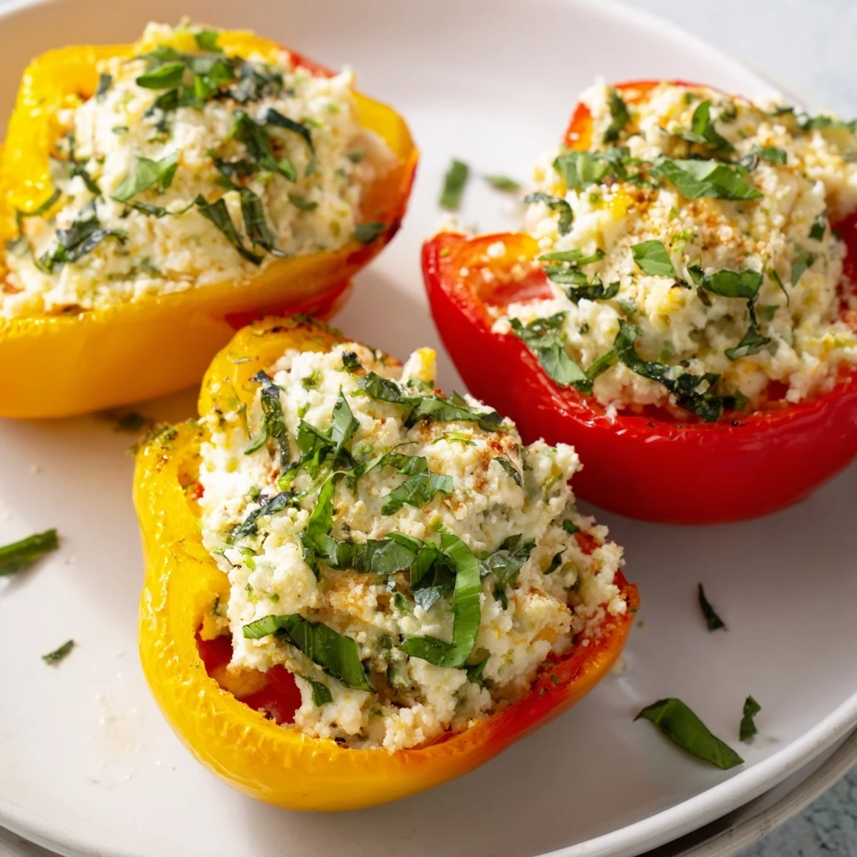 Freshly baked Ricotta Stuffed Peppers served warm with a side salad and crusty bread.