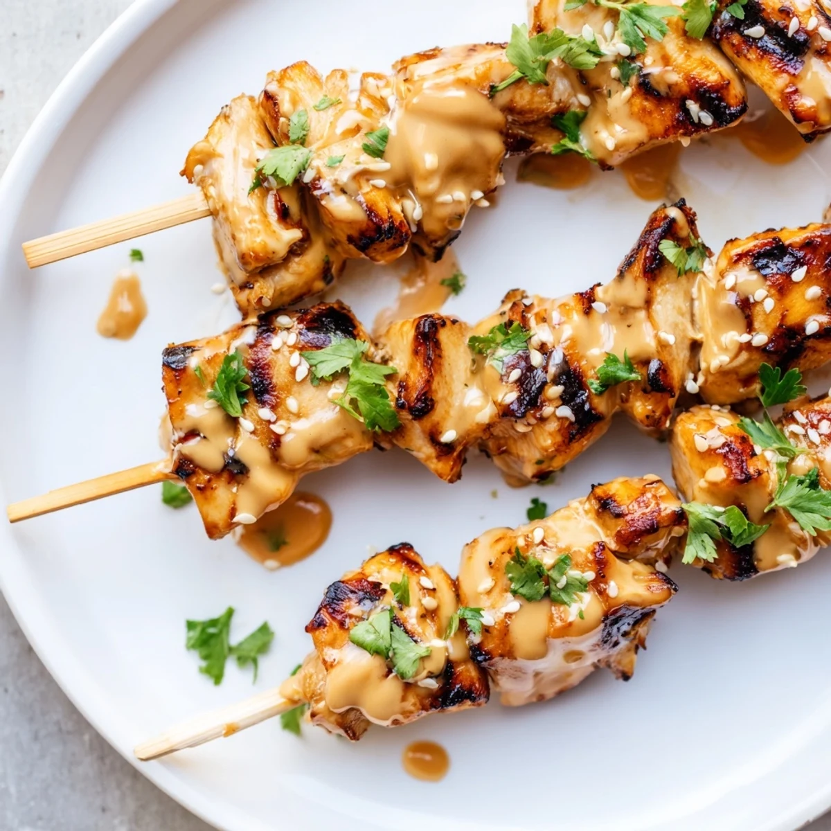Sizzling Bang Bang Chicken Skewers glazed with creamy spicy-sweet sauce, garnished with sesame seeds and cilantro.  