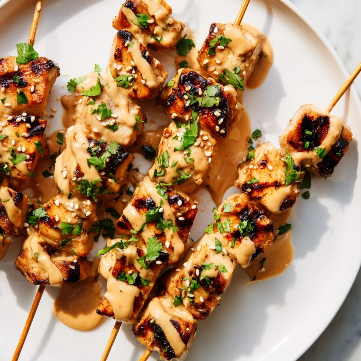 Close-up of charred Bang Bang Chicken Skewers drizzled with sauce, served on a bed of fresh greens.