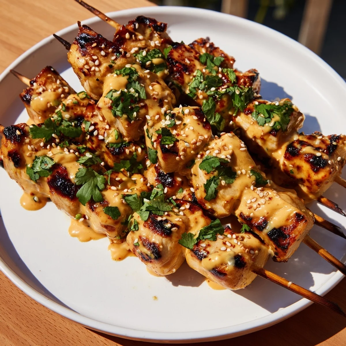 Grilled Bang Bang Chicken Skewers on a platter with lime wedges, ready for a party appetizer spread.  