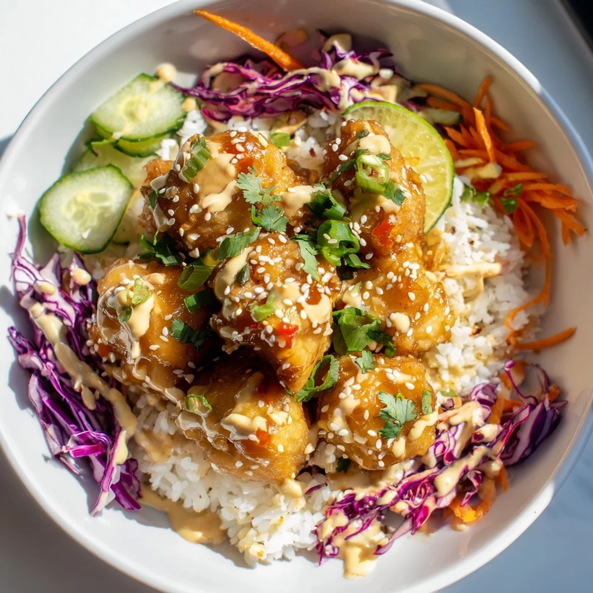Golden-brown sweet chili chicken pieces glisten atop fluffy jasmine rice in this Marry Me Sweet Chili Chicken Bowl, garnished with vibrant purple cabbage and fresh cilantro.
