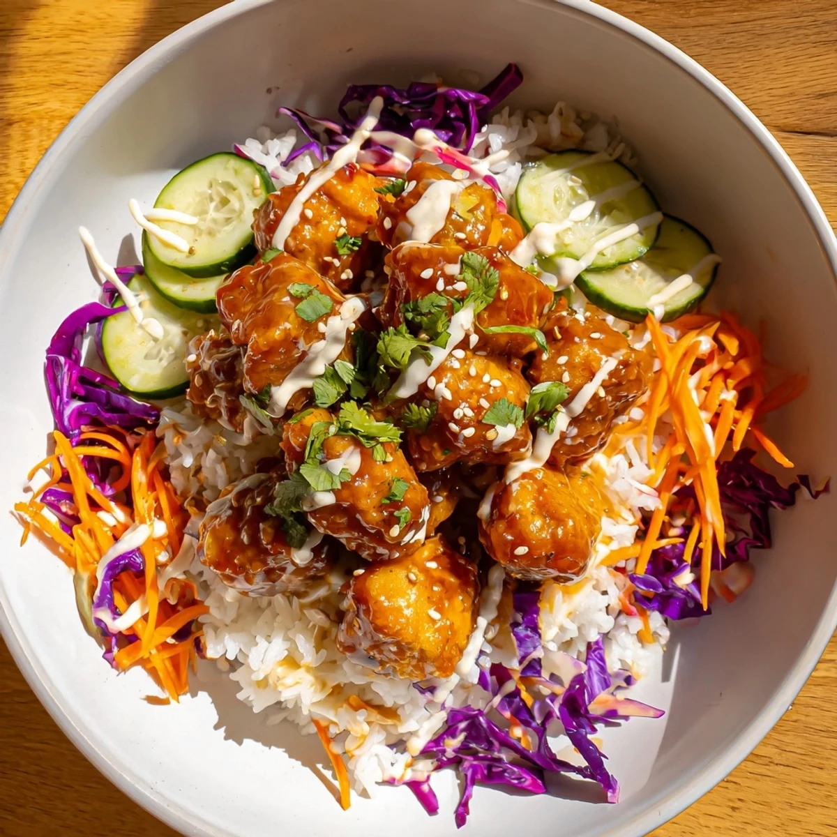A close-up view of the Marry Me Sweet Chili Chicken Bowl shows juicy glazed chicken, crisp veggies, and toasted sesame seeds beside a wedge of lime.