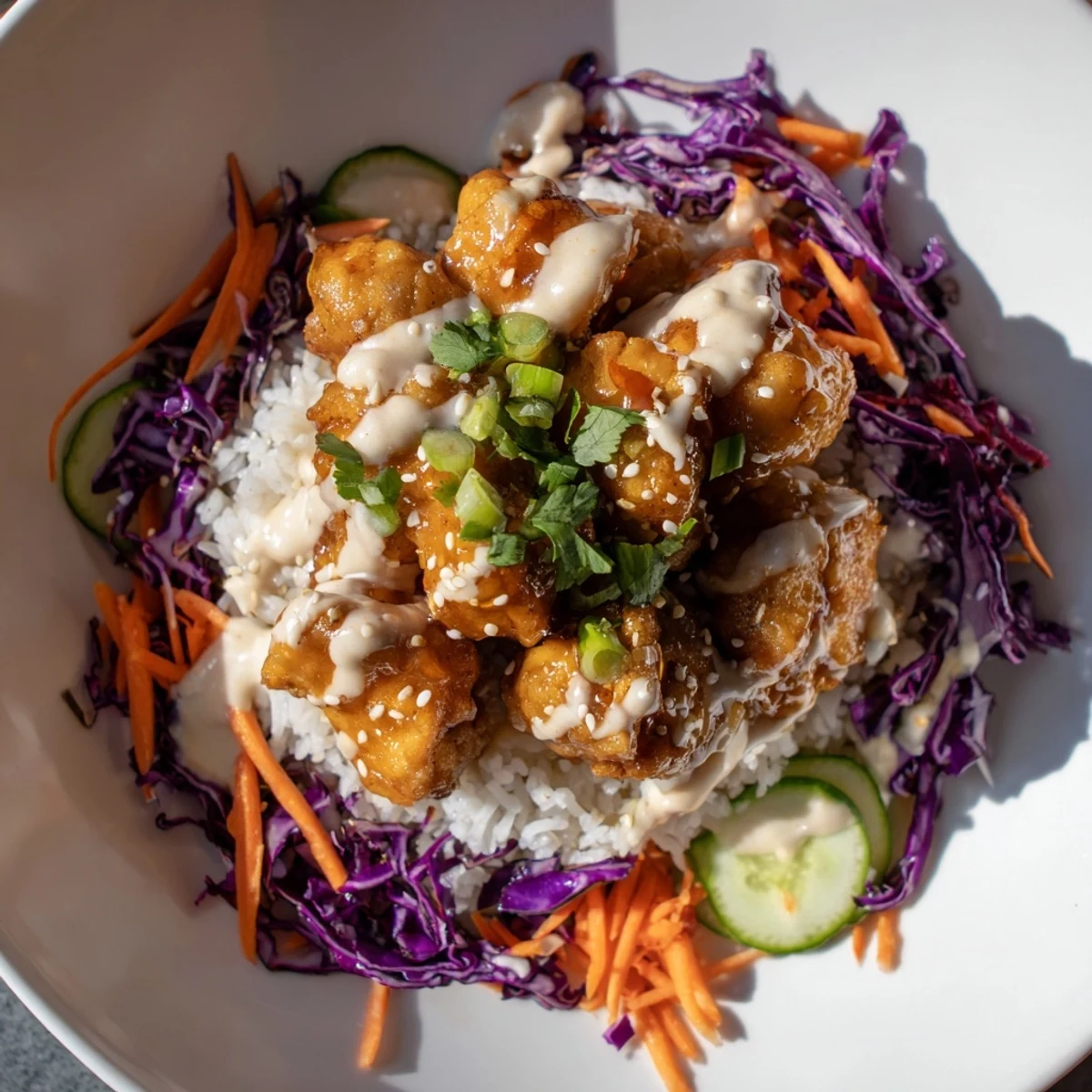 Topped with julienned carrots and sliced cucumber, this Marry Me Sweet Chili Chicken Bowl features a creamy white coconut lime drizzle cascading over the components.