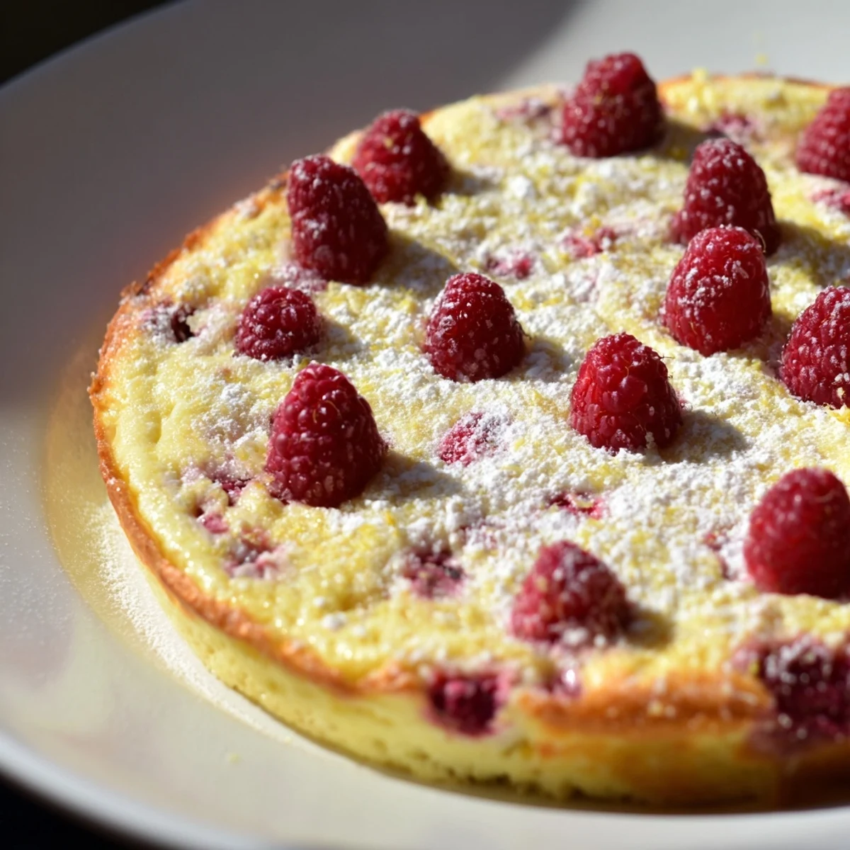 Freshly baked Lemon Raspberry Cottage Cheese Bake with golden edges and bright raspberries, perfect for a healthy brunch dessert.