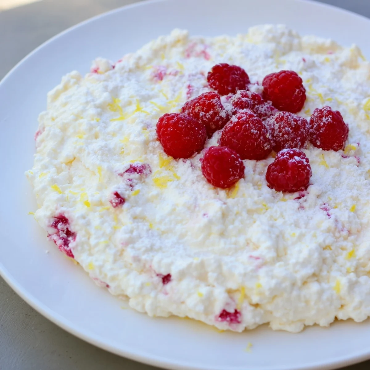 Serve this Lemon Raspberry Cottage Cheese Bake with powdered sugar dusting and extra raspberries on a rustic serving plate.