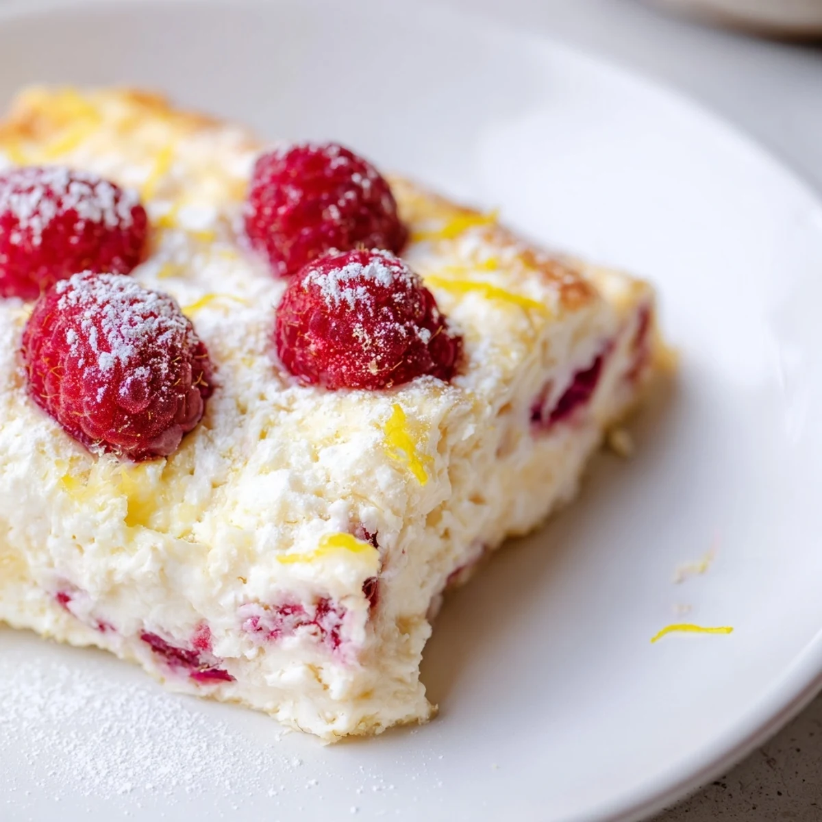 Close-up of a chilled Lemon Raspberry Cottage Cheese Bake slice showing creamy texture, lemon zest, and raspberry toppings.