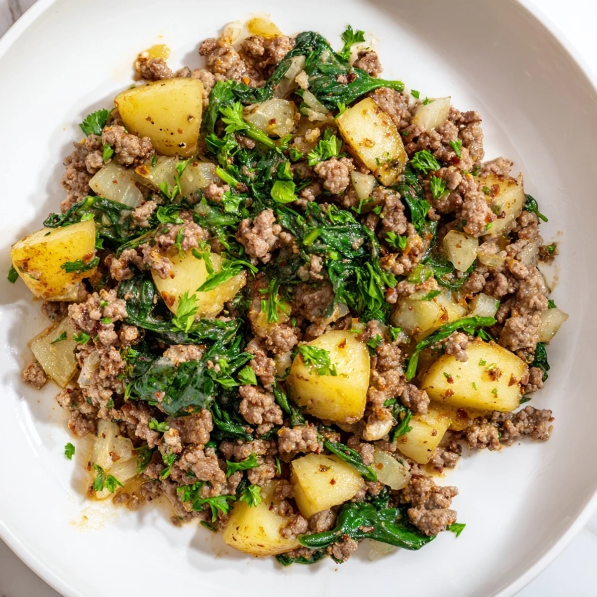 Sizzling High Protein Ground Beef and Potatoes simmering in a skillet with wilted spinach and onions. Hearty, gluten-free American meal.