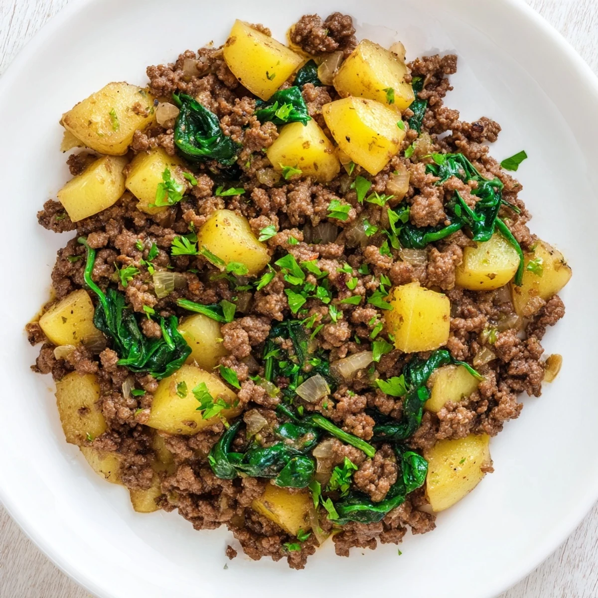 A rustic skillet of High Protein Ground Beef and Potatoes with carrots and diced potatoes, ready for a family dinner.