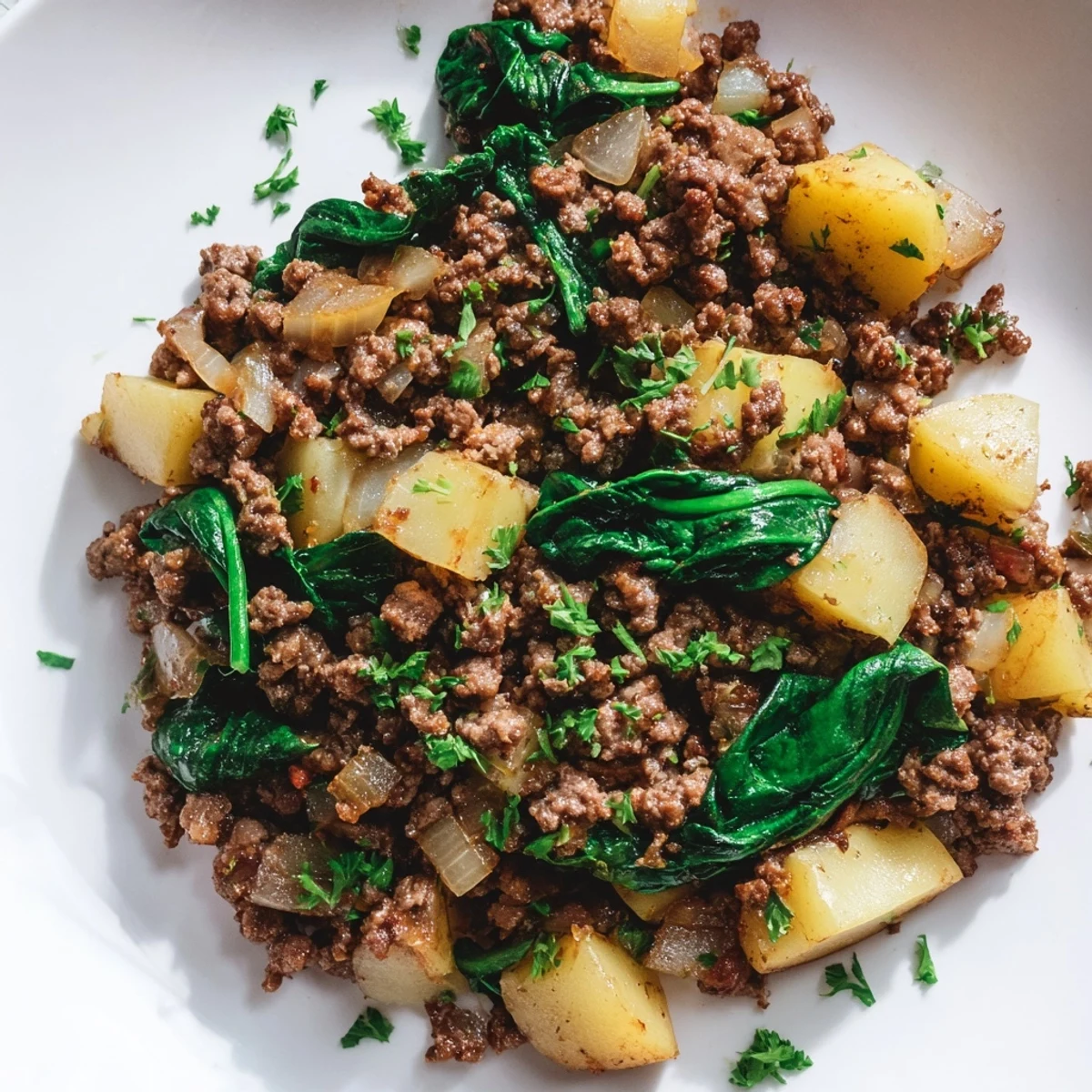 Close-up of High Protein Ground Beef and Potatoes topped with melted cheddar and fresh parsley, served steaming hot.