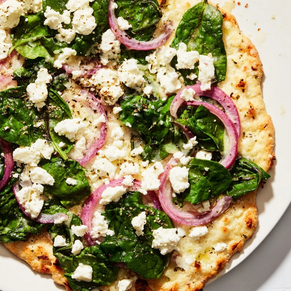 A close-up of the finished Spinach and Feta Flatbread Pizza, golden and crisp, topped with vibrant greens and creamy white cheese crumbles.