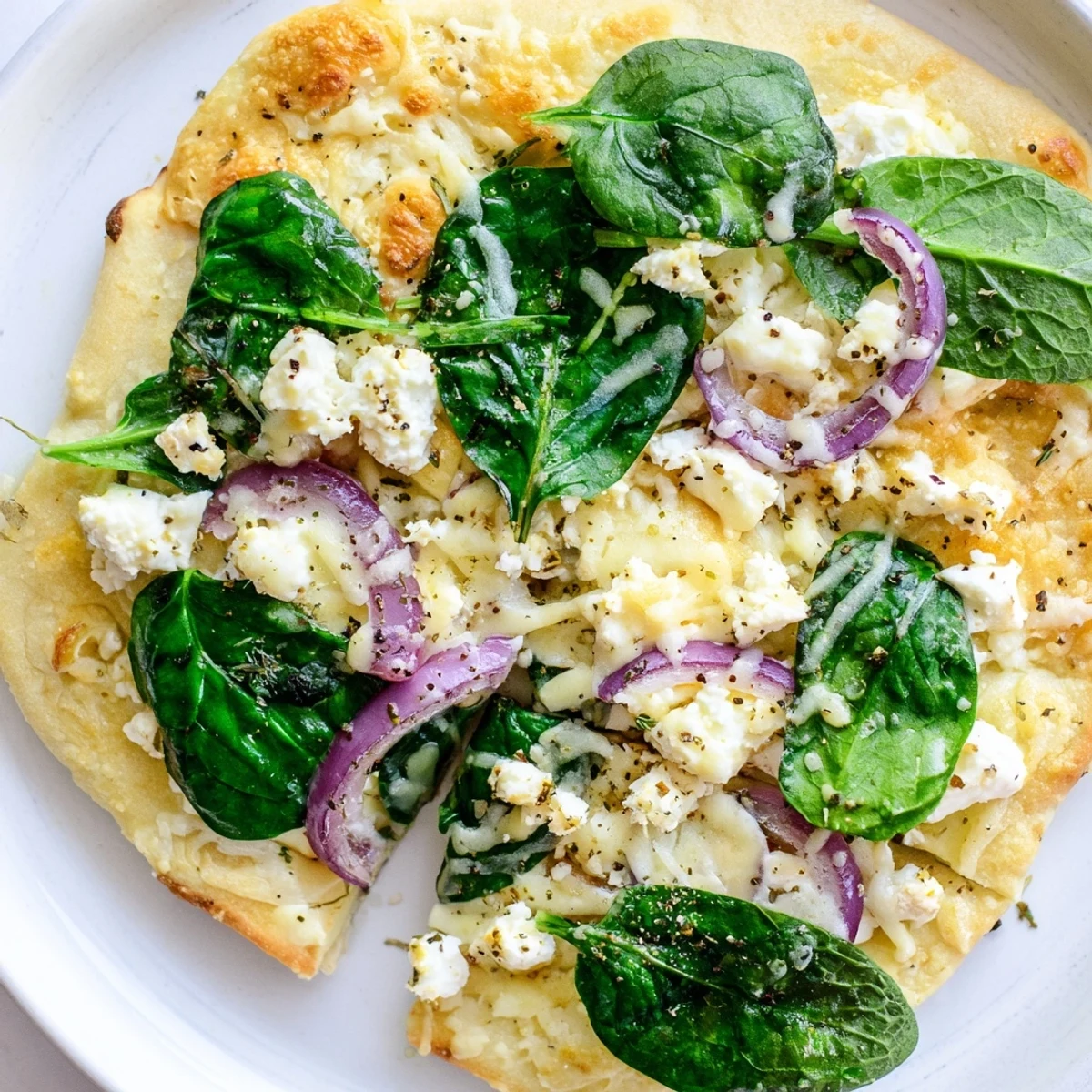 A freshly baked Spinach and Feta Flatbread Pizza rests on a baking sheet, with garlic and oregano aromas suggested by the visual.