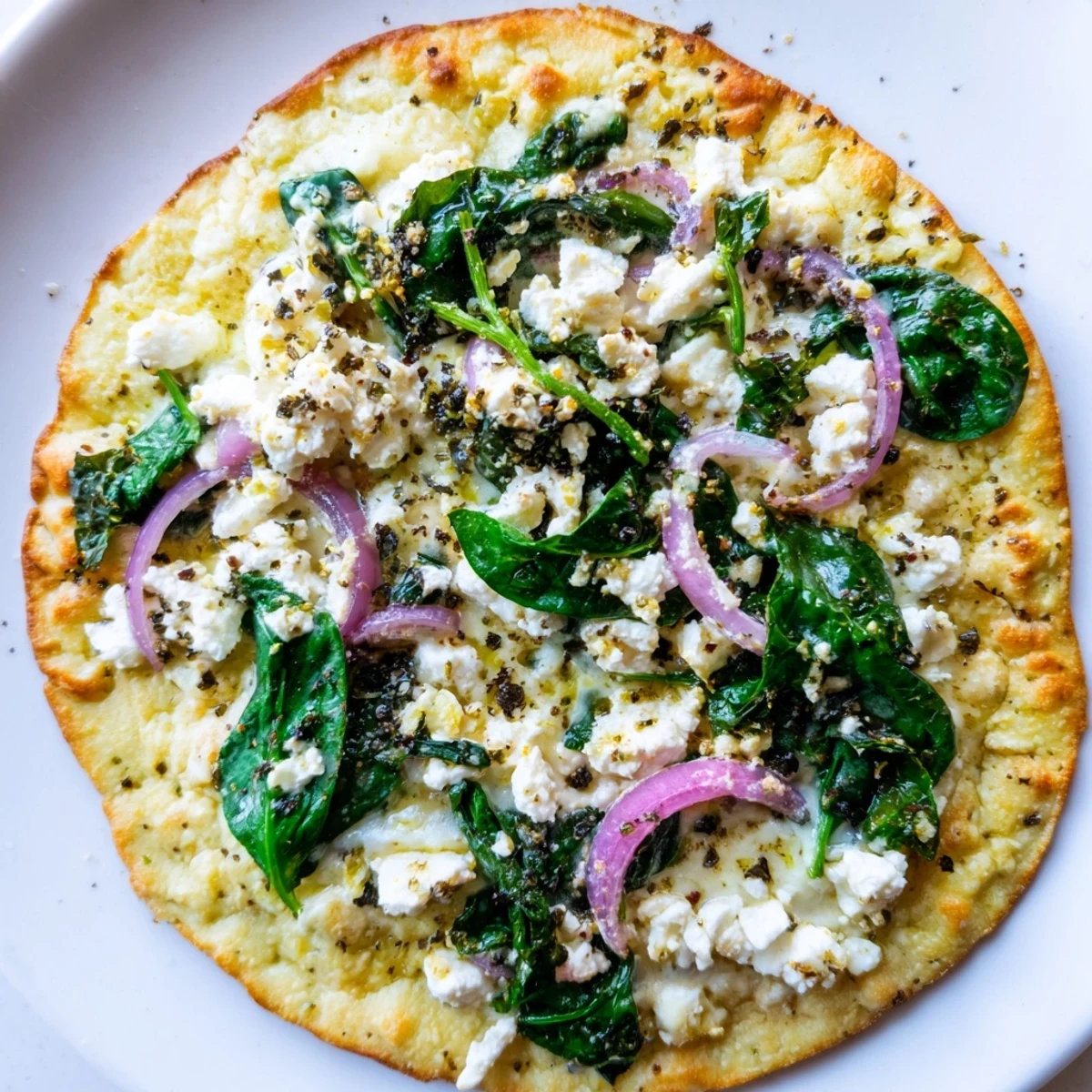Sliced portions of the Spinach and Feta Flatbread Pizza are served on a wooden board, showcasing the melted mozzarella and fresh toppings.