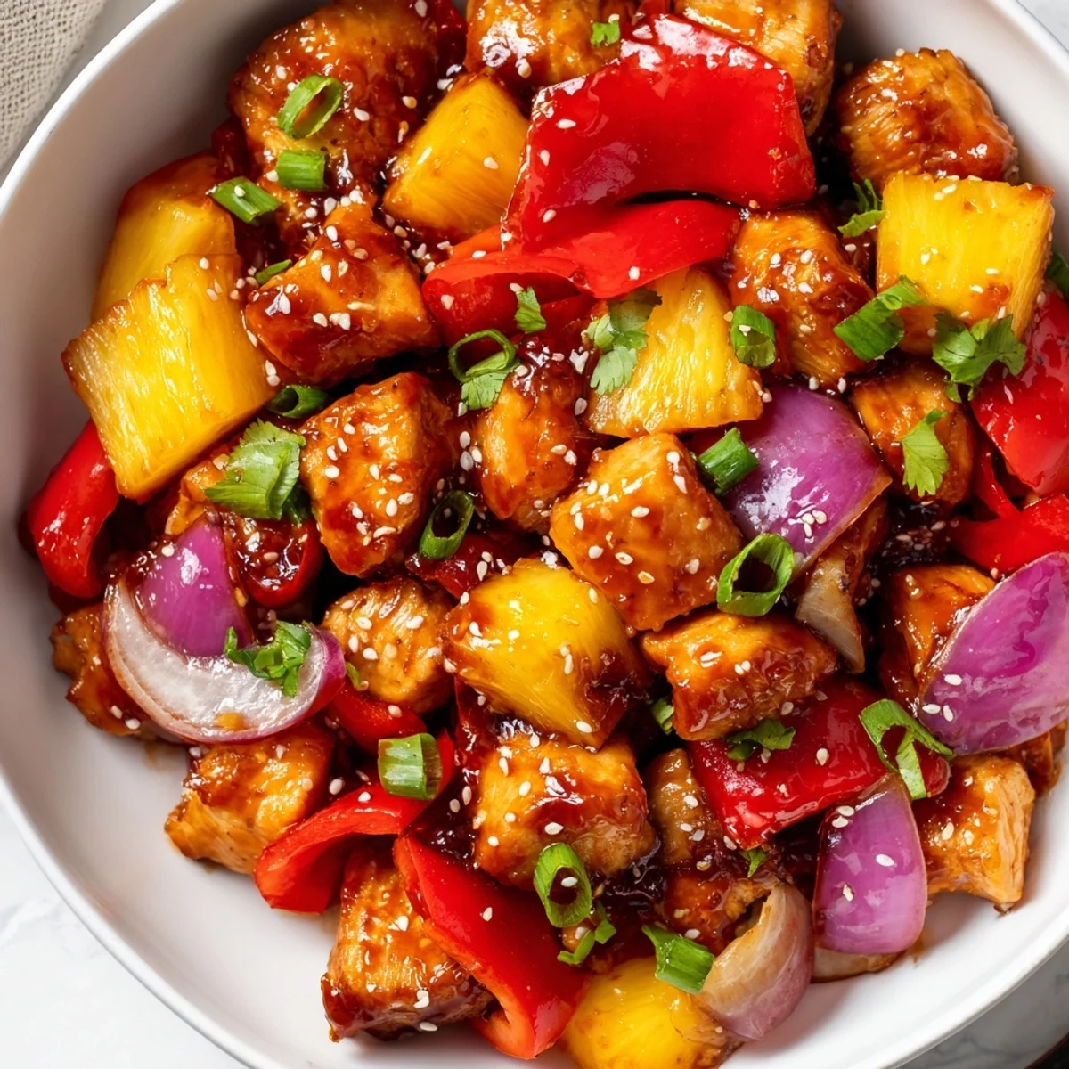 Golden chicken breasts and vibrant bell peppers roast on a sheet pan with sweet pineapple chunks, drizzled in a glossy Hawaiian-inspired glaze.  