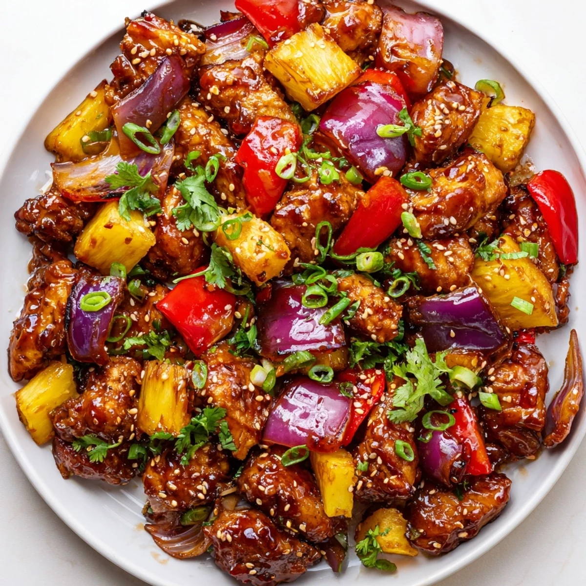 A close-up of Marry Me Sheet Pan Hawaiian Chicken with juicy chicken, roasted vegetables, and a sweet-and-savory sauce ready to serve.  