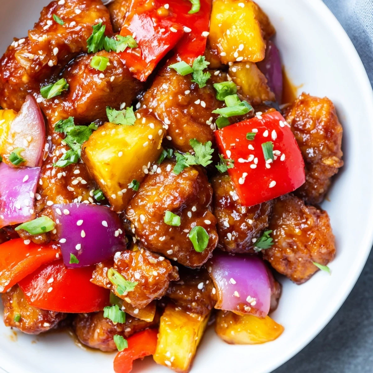This easy dinner recipe shows tender chicken and caramelized pineapple on a single pan, garnished with fresh cilantro and sesame seeds.