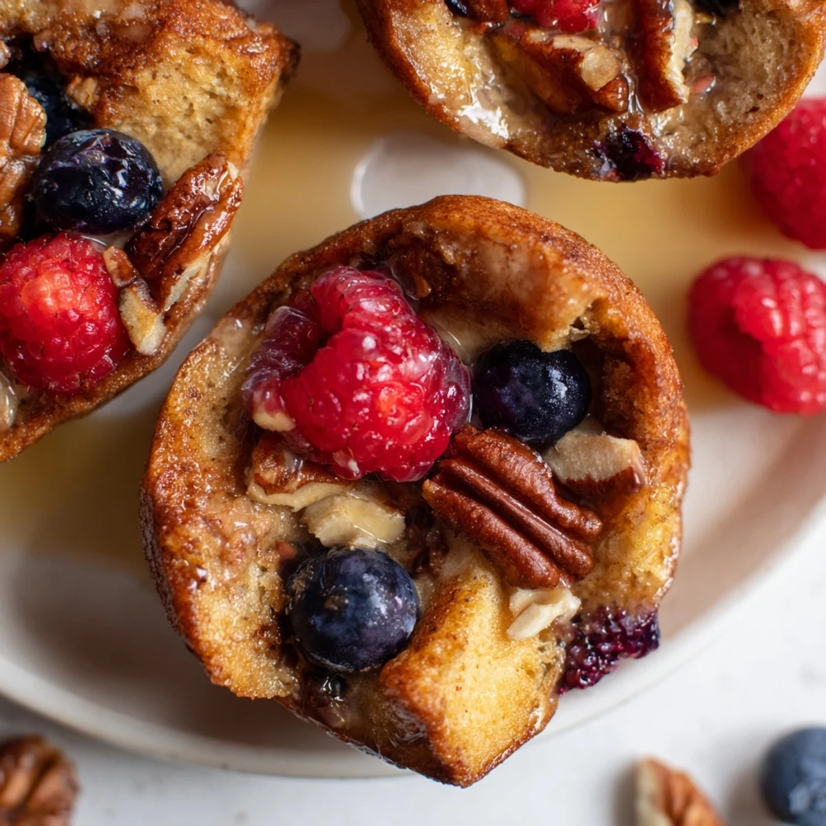 Twelve warm Protein French Toast Muffins arranged on a plate, perfect for a quick, high-protein breakfast on busy mornings.